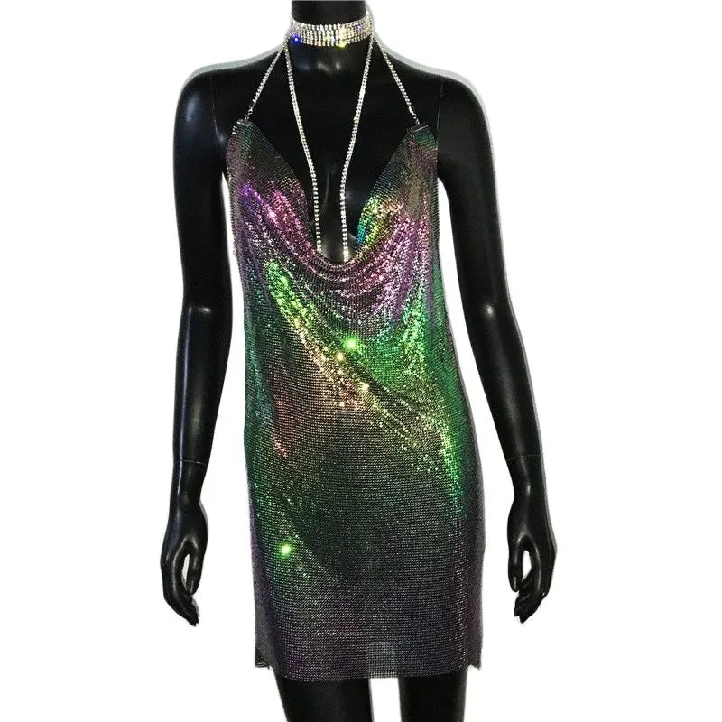 Aiertu Sexy Gold Sequined Patchwork Mini Dress Women Sleeveless Low Cut Metal Chains Halter Slim Charming Nightclub Party Dresses Aiertu