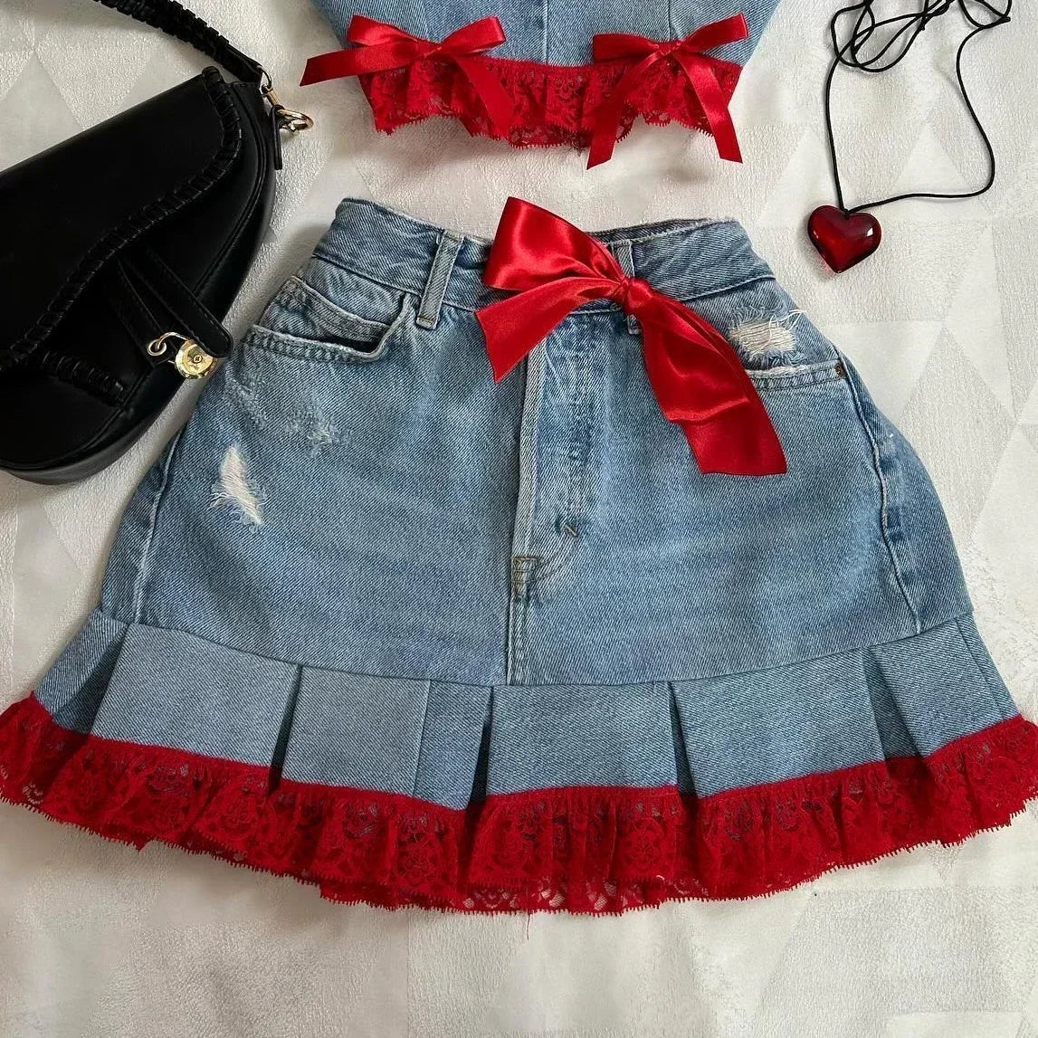 Aiertu  -  Y2K Sexy Mini Skirt Denim Tie Cross Bow Bandage Cape+denim Two-piece Zipper Strapless Tube Top Streetwear Set Aiertu
