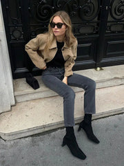 Aiertu  -  Autumn Chic Lapel Long Sleeve Cropped Coats Chic Single Breasted Solid Lady Leather Jacket Female High Street Outercoat Tops Aiertu