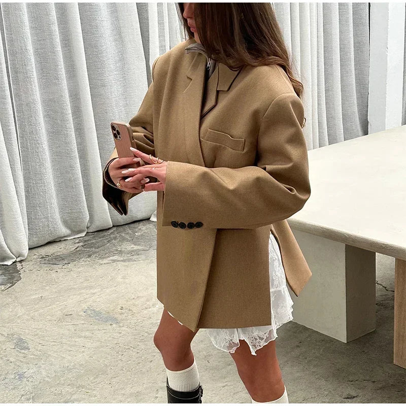 Aiertu  -  Casual Solid Oversize Blazer Coats Women Long Sleeve Pocket Button Jacket 2026 Autumn New Female High Street Tops Outwear Aiertu