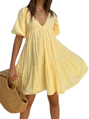 Aiertu  -  Elegant Maternity Dress for Summer Photoshoot - Stylish V-Neck A-Line Pregnancy Clothes with Puff Sleeves Solid Color Casual Aiertu