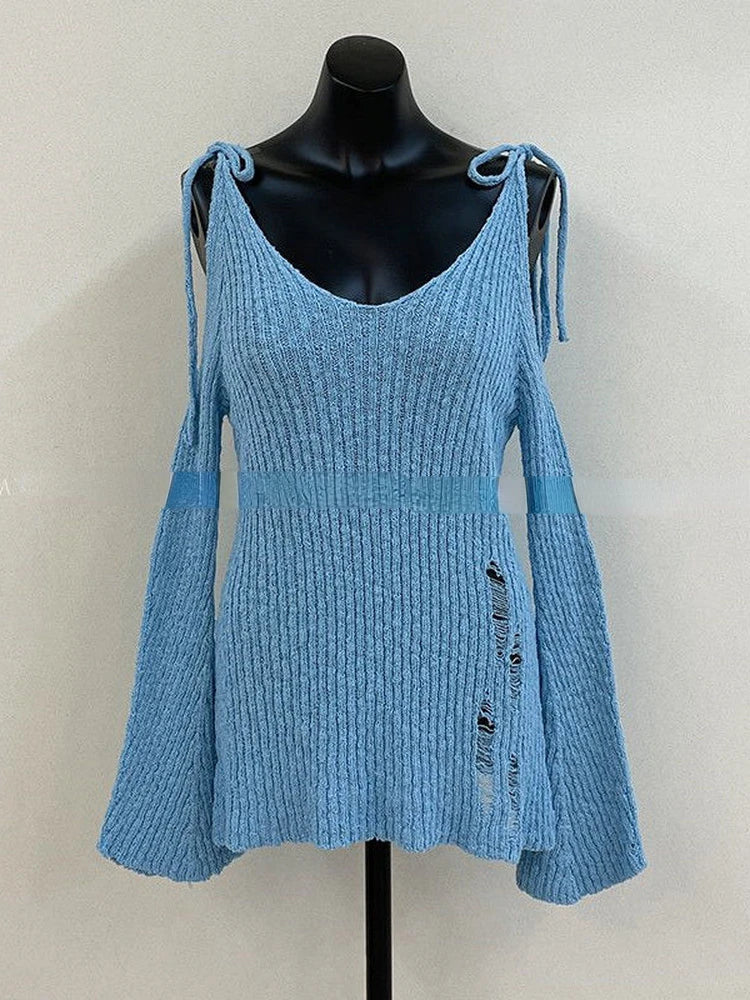 Aiertu  -  Punk Gothic Mid-long Length Knitted Tops Women 2025 Solid Hollow Out Hole Flare Sleeve Loose Y2k Streetwear Pullover Top Female Aiertu