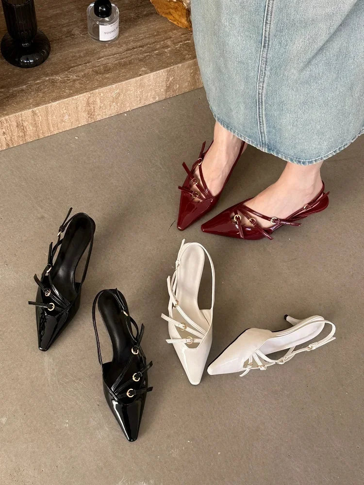 Aiertu  -  Sexy Slingbacks Narrow Band Buckle Strap Pumps Women Pointed Toe Thin Heels Wedding Party Mule Shoes Aiertu