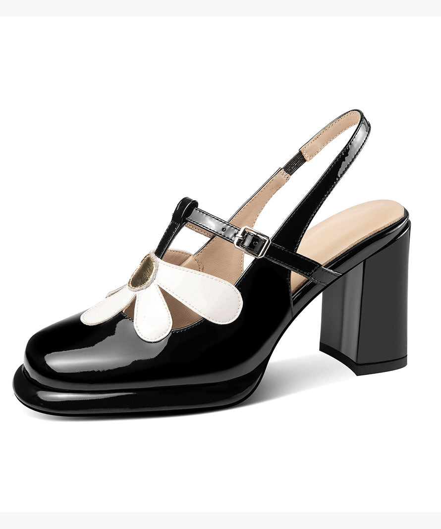 Aiertu  Blue Sandals Chunky Cowhide Leather Elegant Hollow Out Floral Aiertu