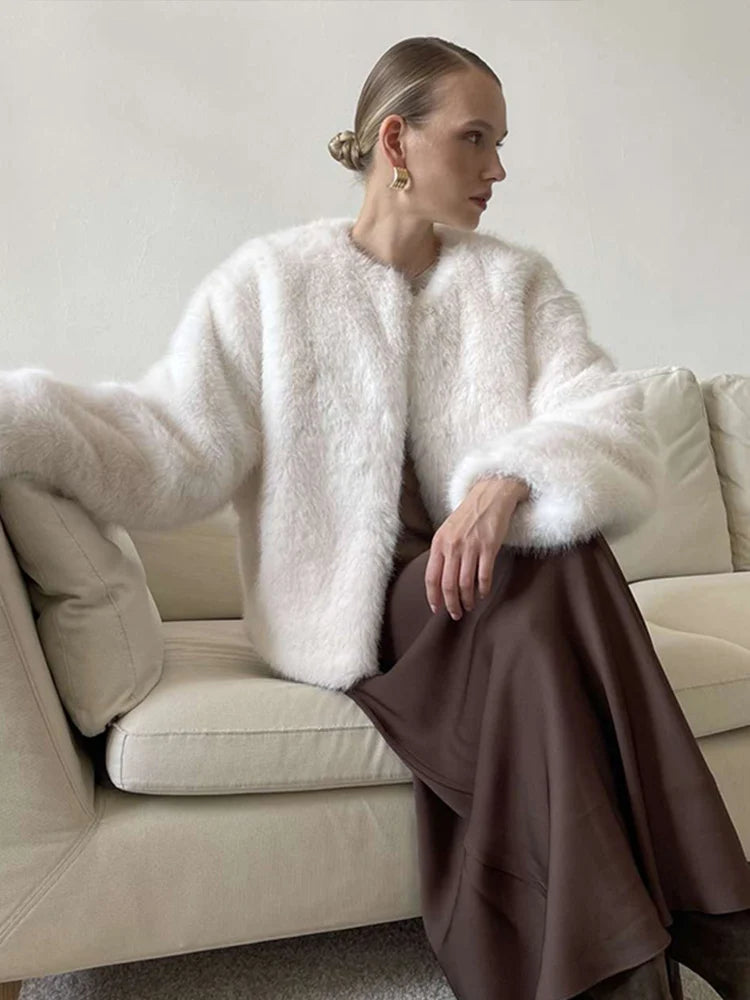 Aiertu  -  Elegant Faux Fur Solid Women Coat O Neck Loose Full Sleeve Female Jacket 2024 Fashion Autumn Winter Warm Thicken Lady Outwear Aiertu