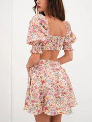 Aiertu  -  Women s Summer Floral Print Dress Short Puff  Square Neck Cutout Waist  Mini A-Line Dress Aiertu