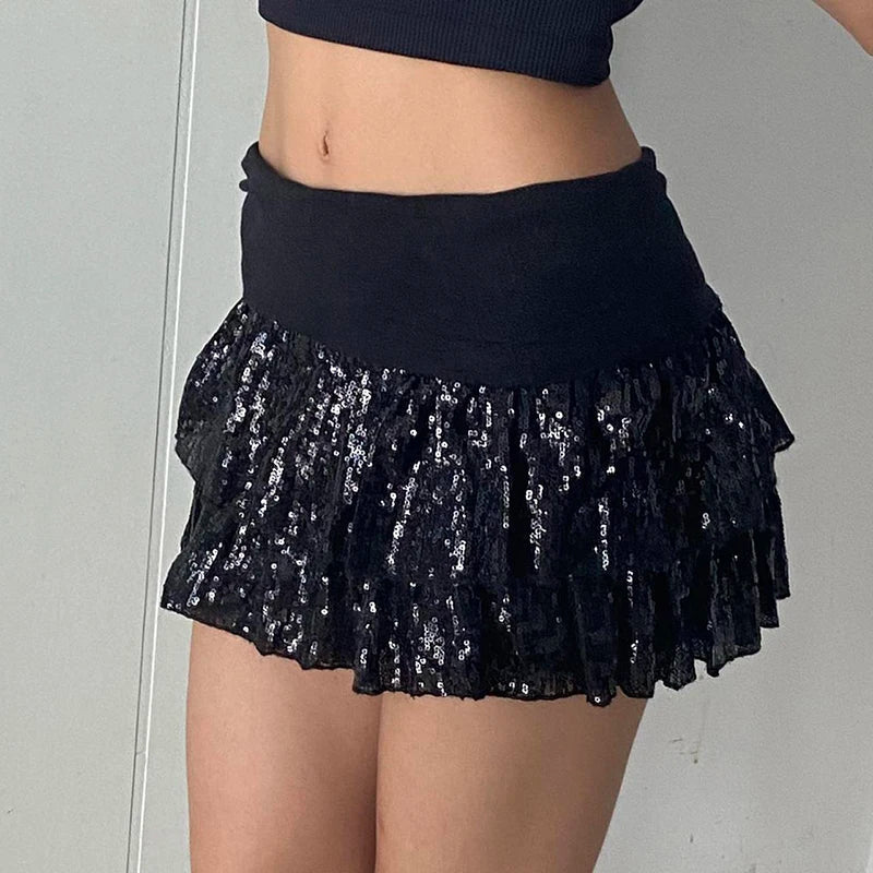Aiertu  -  party look snspos Contrast Sequin Black Short Skirt Party Outfits Women Fashion A-line Layered Skirt Aesthetic Y2K Clubwear Vintage Aiertu