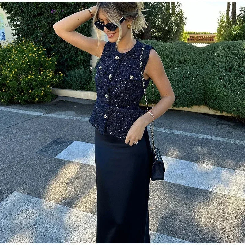 Aiertu  -  Elegant Solid Tweed Sequin Women Vests Sleeveless O-Neck Female Tank Fashion Slim Autumn Single Breasted Lady Waistcoat Aiertu