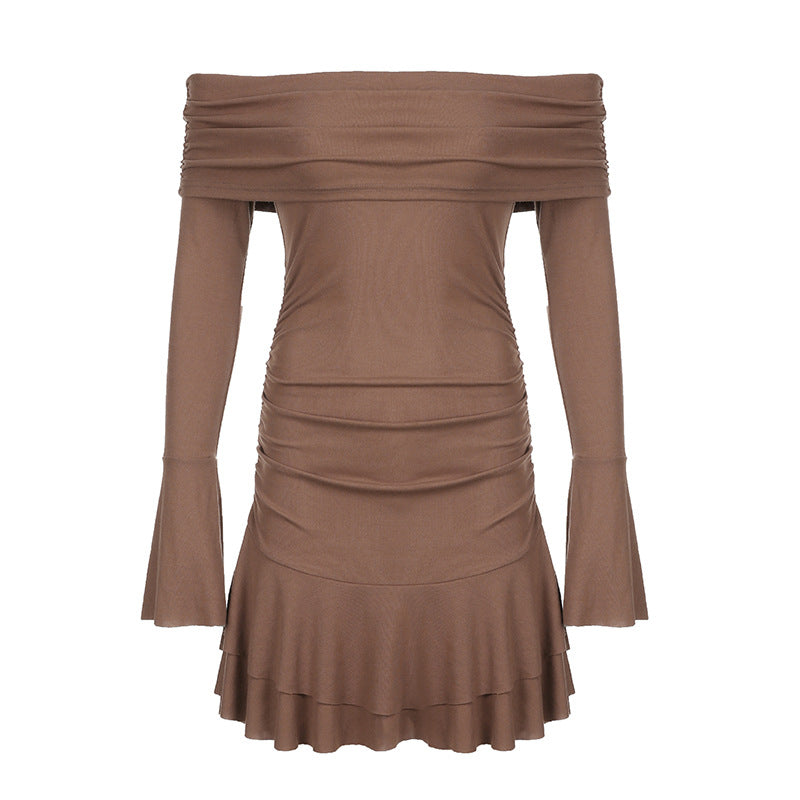 Aiertu - Ruffle Off Shoulder Ribbed Mini Dress Aiertu