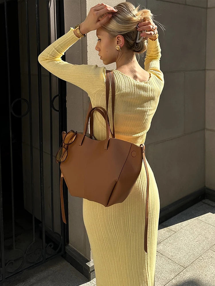 Aiertu  -  Knitted Slim Fit Long Sleeve Top Skirt Suit Women Hip Package Dresses Waisted Tunic Midi Dress Daily Outfit 2026 Autumn New Aiertu
