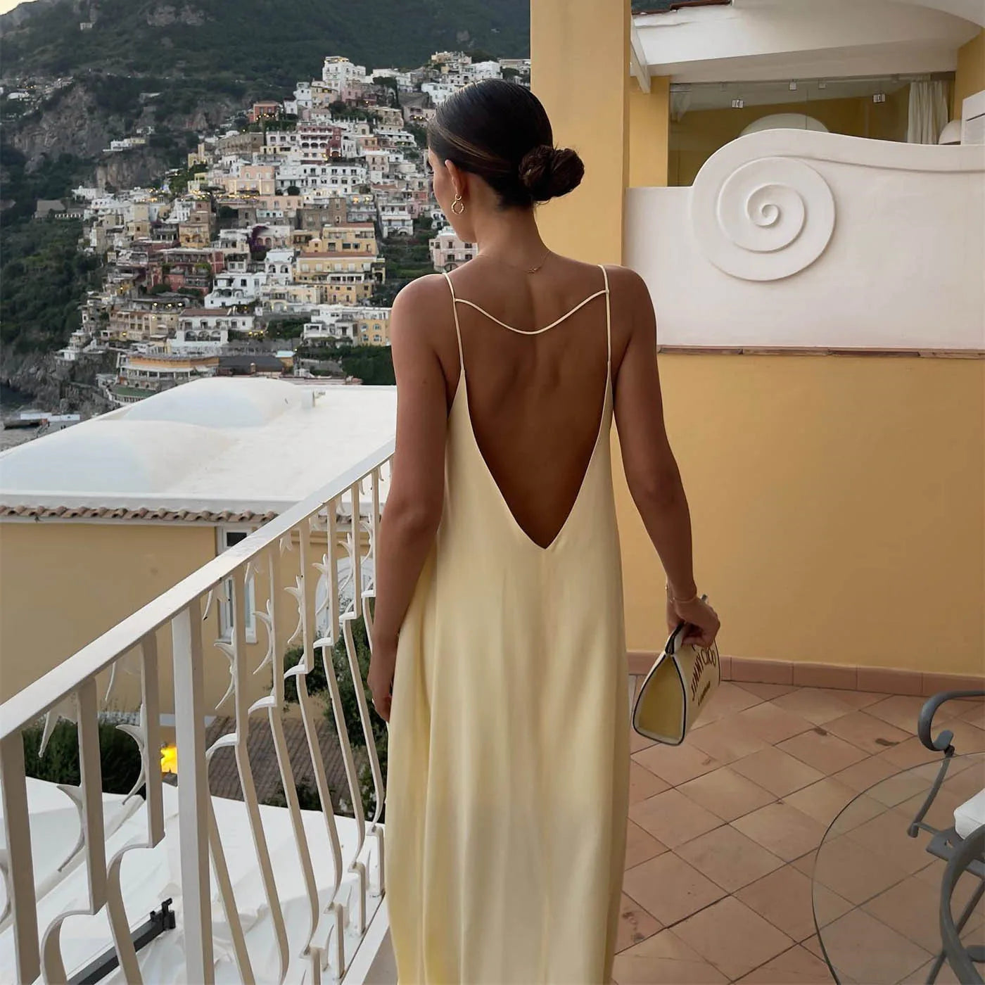 Aiertu  -  Ladies Feminine Buff Dress Loose Backless Round Neck Spaghetti Strap Drop Waist Long Robe Vacation Formal Ceremony Party Gown Aiertu