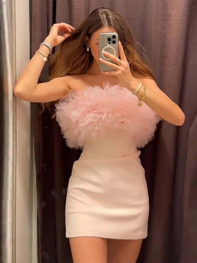 Aiertu  -  Strapless Silk Mesh Fluffy Dress 3D Floral Gauze Socialite Evening Gown Off Shoulder Slim Fit  Sexy Backless Women Short Dresses Aiertu