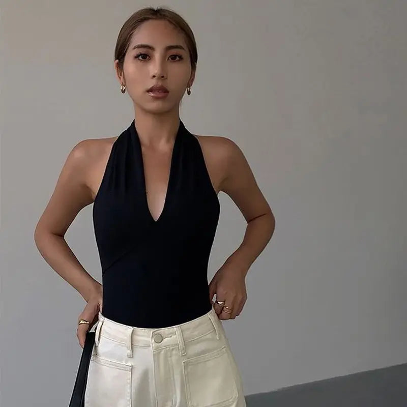 Aiertu  -   Summer Hot Girls New Summer Women Vest Tops Halter Neck Sleeveless Slim Sexy Camisole Tanks Deep V-neck Mature Black Vests Aiertu