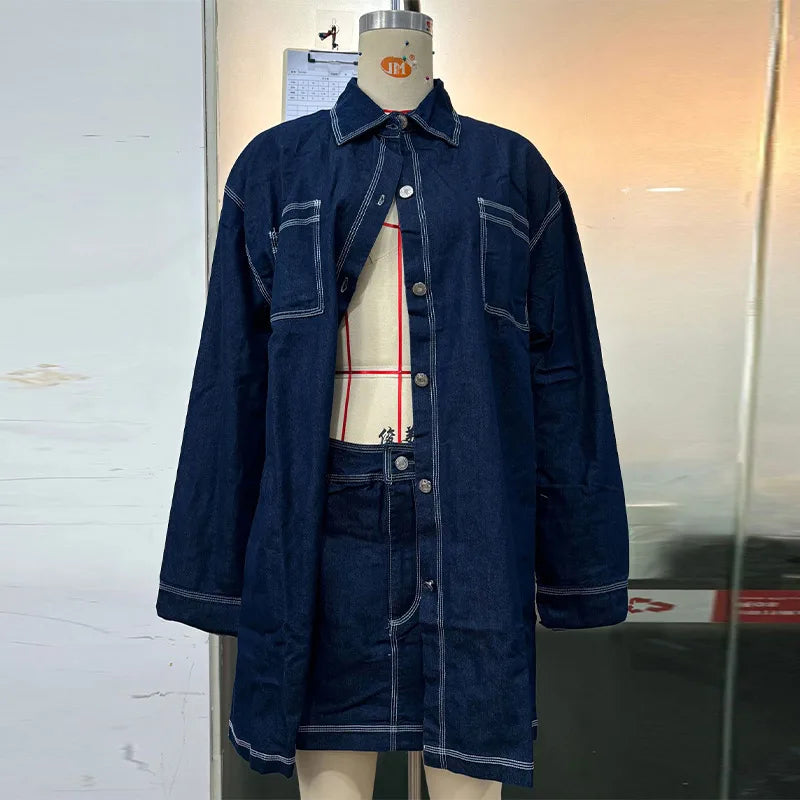Aiertu  -  Vintage Denim 2 Piece Sets Women's Mini Skirts Polo Collar Long Sleeve Pockets Tops Hip Package Skirt Lady Streetwear Summer Aiertu