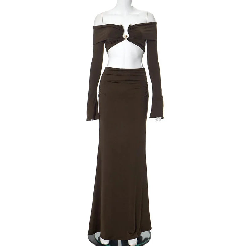 Aiertu  -  Sexy Off Shoulder Ruched Dress Sets Women Fashion Metal Accessories Long Sleeved Top Split Skirt 2 Piece Autumn Vacation Outfits Aiertu