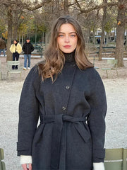 Aiertu  -  Warm Lace-up Woolen Coat With Belt For Women Elegant Single Breasted Gray Pocket Jacket Autumn Winter High Street Outerwear Aiertu