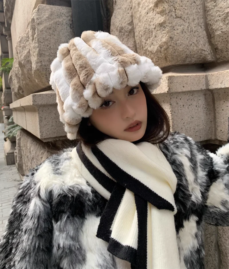 Aiertu  -  Autumn/Winter New Mixed Color Plush Lampholder Fisherman Hat Women's Korean Designer Wide Plush Bucket Hat Aiertu