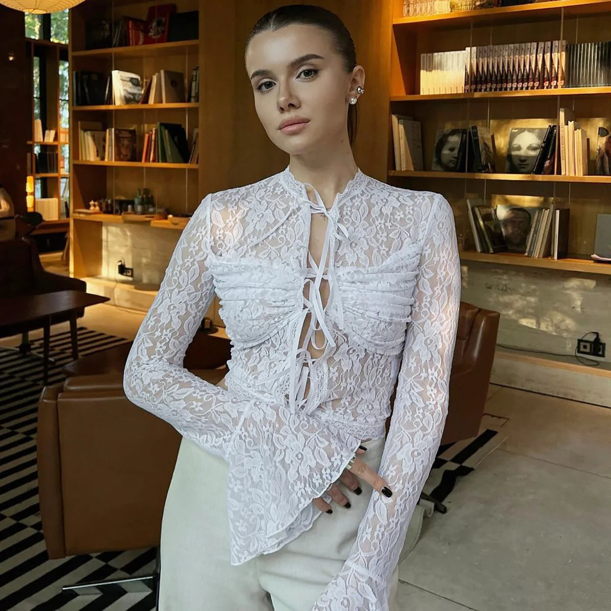 Aiertu  -  Sexy Lace Up Cardigan T-Shirt Female See Through Lace Flare Sleeve T-shirt Top Hot Girl Slim Fit Solid Splice Short Top Aiertu
