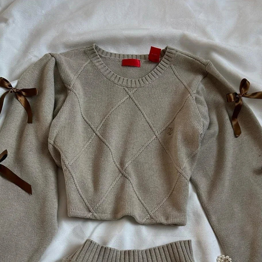 Aiertu  -  American Sweater Skirt Suit Two Piece Harajuku Women Fashionable V Neck Vest Striped Knitted Stitching Sexy Mini Skirt Short Top Aiertu