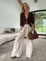 Aiertu  Elegant Brown One Button Knitted Cardigan For Women Solid V Neck Long Sleeve Loose Sweater Autumn Female High Streetwear Aiertu