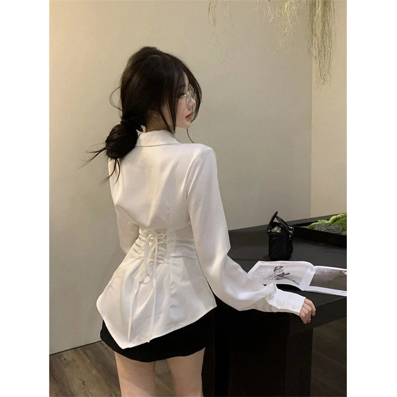 Spring Outfits Back To School Outfits White Shirts Women Jk Preppy Tie Puff Long Sleeve Blouses Student Lolita Office Lady Korean Ruffles Slim All Match Crop Tops New Aiertu