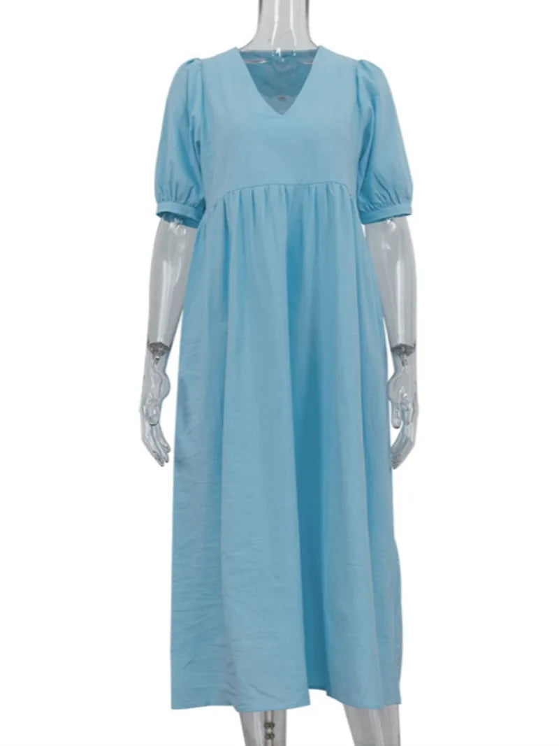 Aiertu  -  Casual Loose Women V-neck Short Sleeve High Waist Blue Long Dresses 2026 Female Elegant Solid Holiday Party Dress Streetwear Aiertu