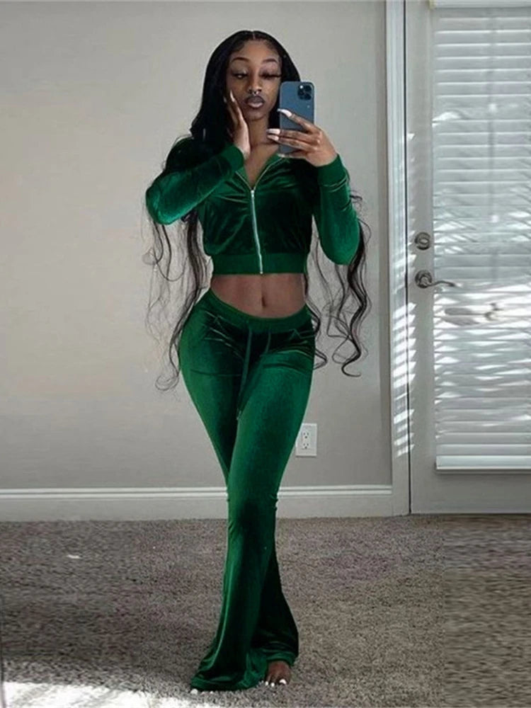 Aiertu Solid Velour Two Piece Set Women Simple Casual Zipper Long Sleeve Turtleneck Top+Bandage Lace Slim Female Wide Leg Pants Aiertu