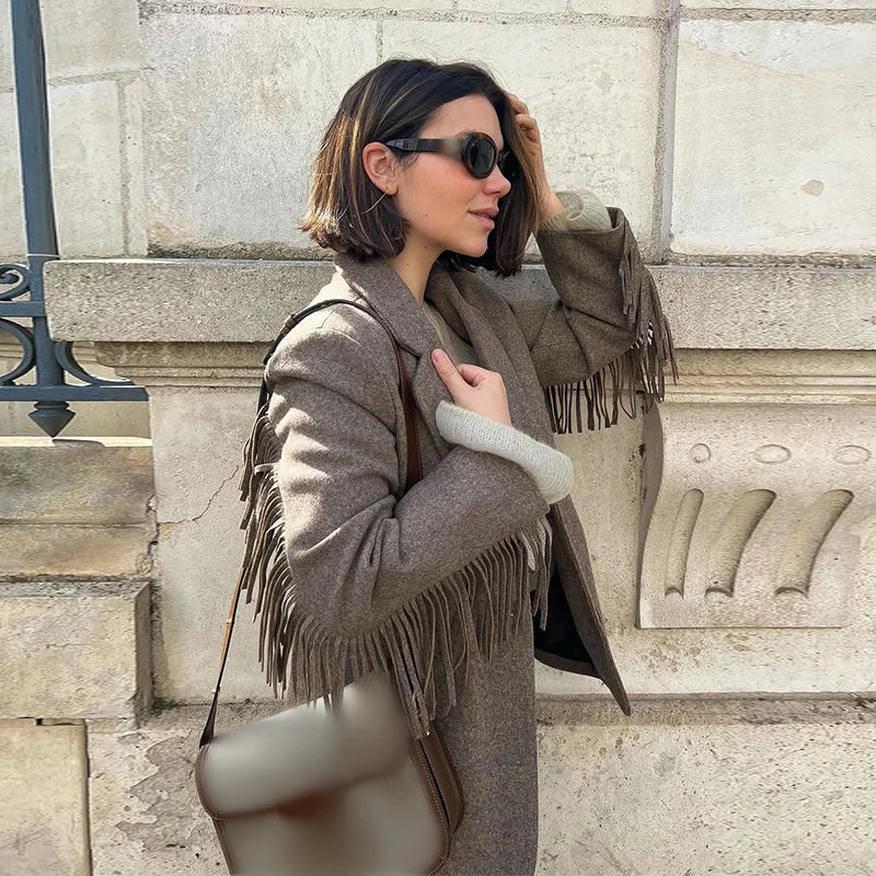 Aiertu  -  Casual Tassels Patchwork Long Sleeves Blazer Women Lapel Single Breasted Buckle Slim Jacket 2026 New Female Commute Outwear Aiertu