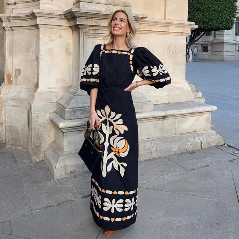 Aiertu  -  Women's Elegant Printed Long Dress Lantern Short Sleeve Loose Female Dresses Casual Square Collar Holiday Lady Robe Summer 2026 Aiertu