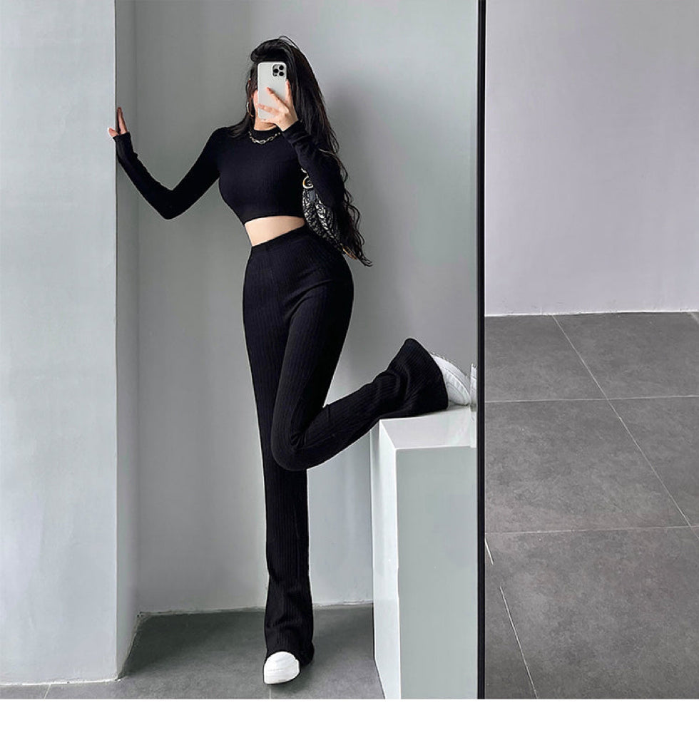 Aiertus Solid Color Ribbed Slim Long Sleeve Cropped Top High Waist Pants Matching Set Aiertu