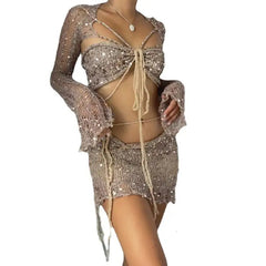 Aiertu  -  party look snspos 2024 Summer Women's Beaded Knitted 3-Piece Set Women's 2000 Sexy Sequined Knitted Party Dress 3-Piece Set Aiertu