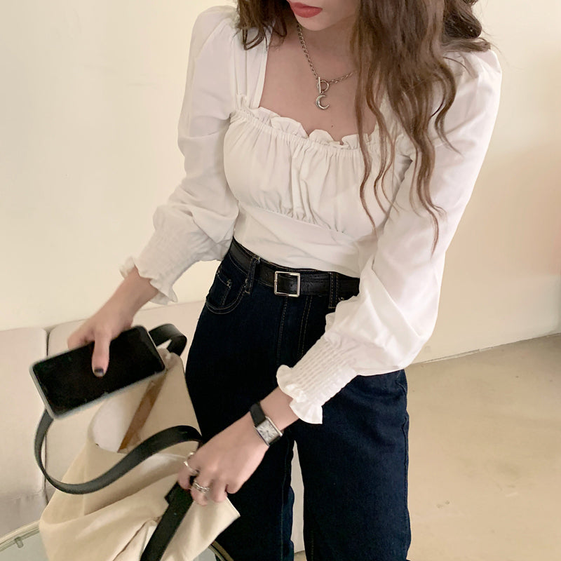 Aiertu Vintage Plaid Blouses Women Korean White Folds Square Collar Shirts Office Lady Elegant Bandage Puff Sleeve Slim Crop Tops Aiertu