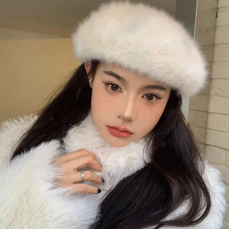 Aiertu  -  Winter Rabbit Fur Soild Color Beret Hats Women For Adjustable Elastic Band Warm Beret Elegant Soft French Artist Beanie Hat Girl Aiertu