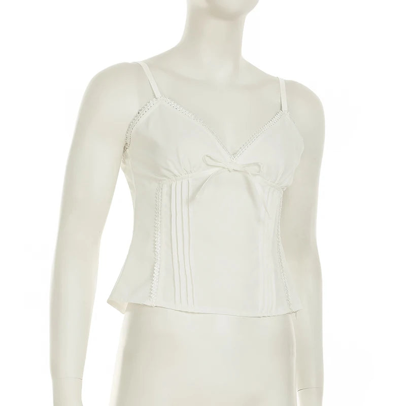 Aiertu  -  Solid Fold Texture Bow Sexy Camisole Deep V-neck Casual Streetwear All-match White Summer Top Chic Vintage Vest Aiertu