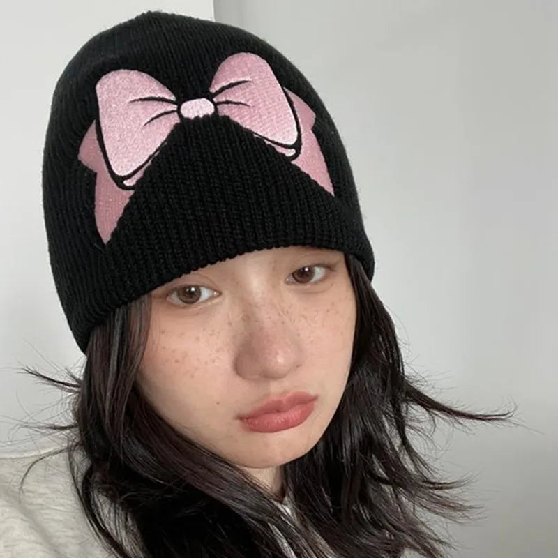 Aiertu  -  Autumn Winter Bow Embroidery Knitted Hats Women Girls Fashion Pink Bow Warm Adult Beanie Hat Korean Skullies Caps Female Bonnet Aiertu