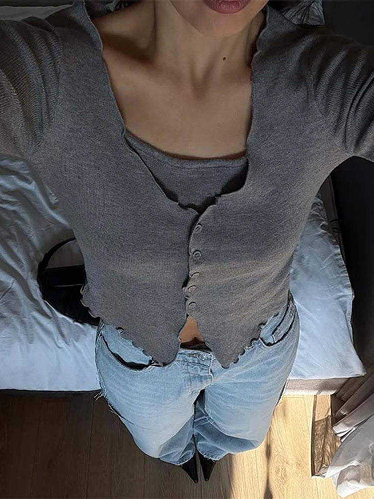Aiertu  -  Knitted Fake Two-piece Cardigan Women Single Breasted O-neck Long Sleeve Slim Short Thin Sweater 2026 Summer Commute Coat Top Aiertu