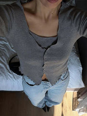 Aiertu  -  Knitted Fake Two-piece Cardigan Women Single Breasted O-neck Long Sleeve Slim Short Thin Sweater 2026 Summer Commute Coat Top Aiertu