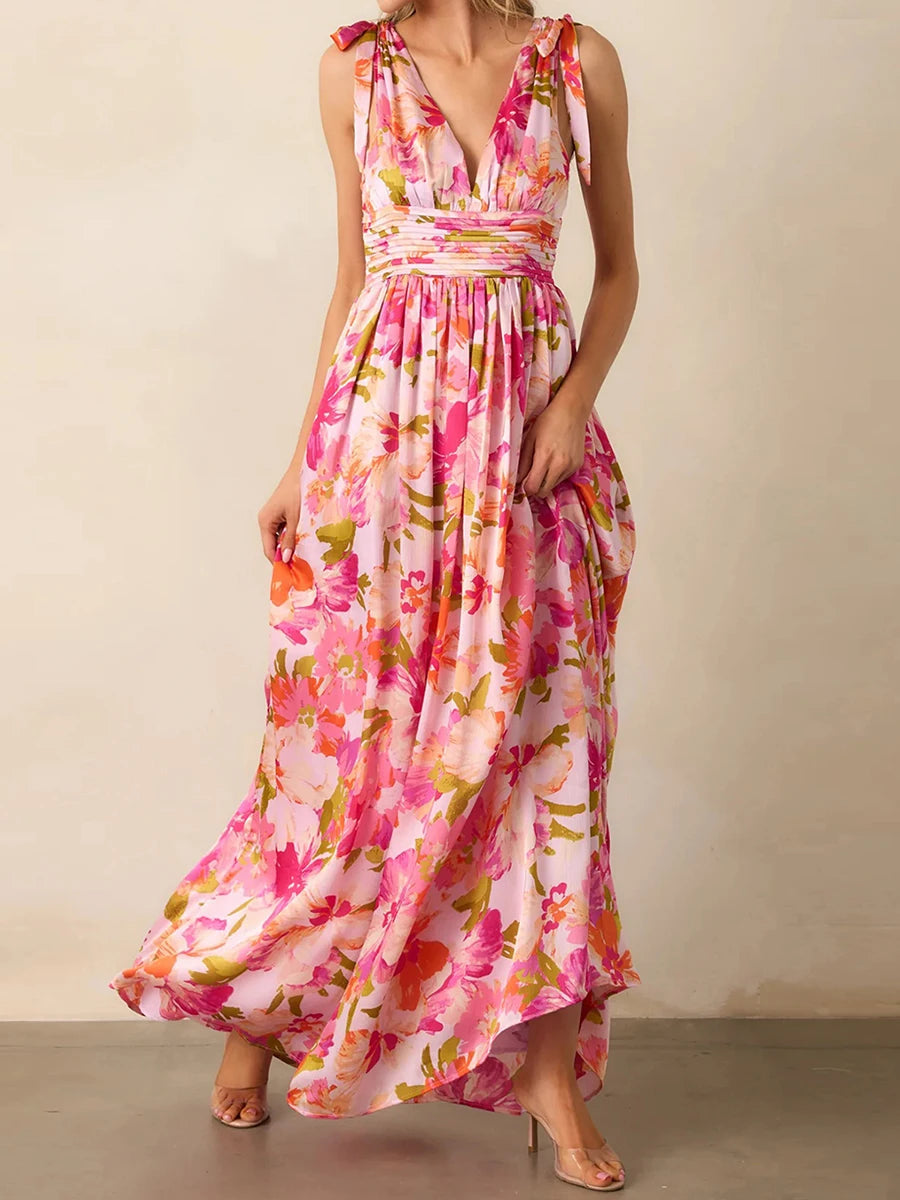 Aiertu  -  Elegant Maxi Dress with Boho Floral Print Stylish V-Neckline and Chic Tie-Up Shoulder Detail Perfect for Summer Casual Wear Aiertu