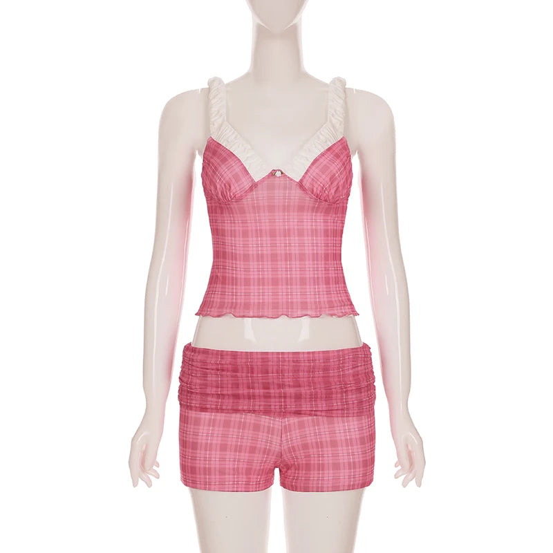 Aiertu  Two-Piece Set Plaid Print Y2K Sexy Camisole and Shorts Outfits for Women Clubwear 90s Fashion Korean Summer Suits Aiertu