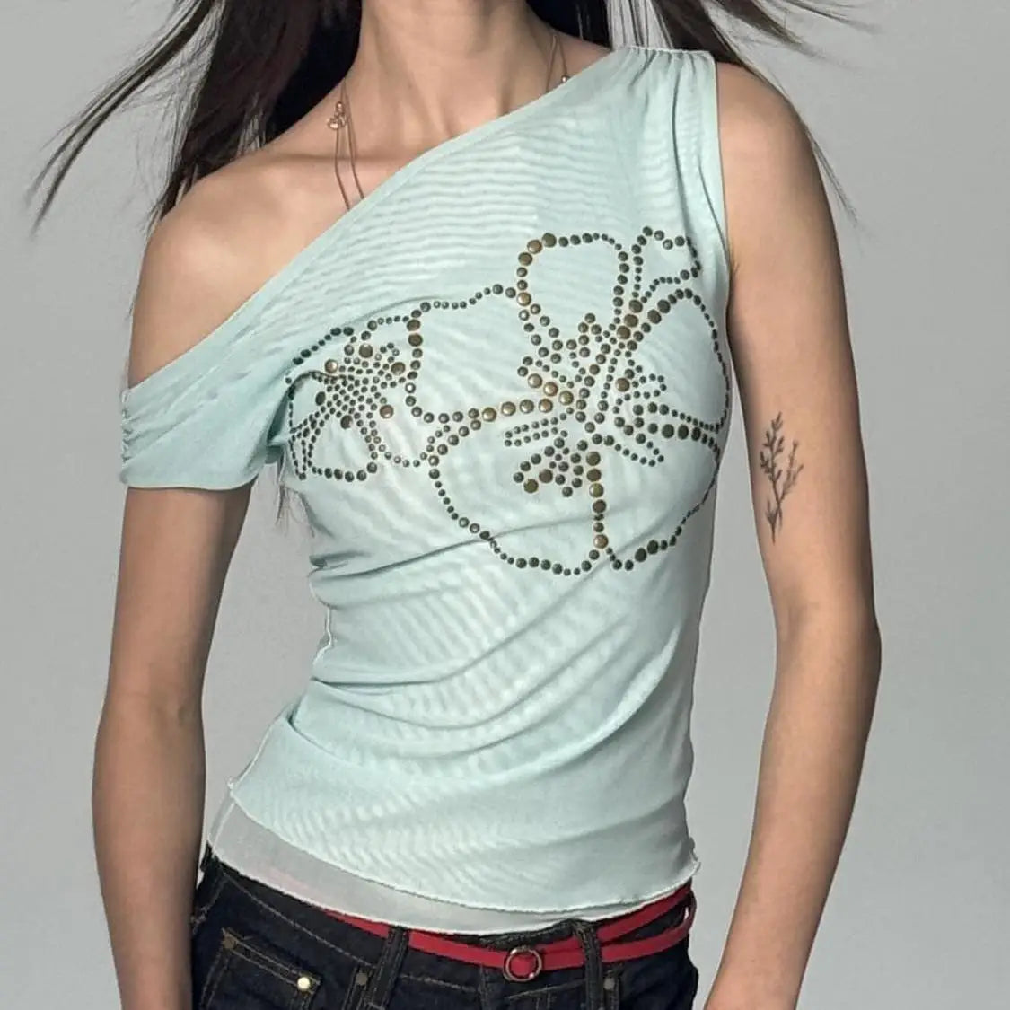 Aiertu  -  Summer Sexy Slash Neck Pleated Gauze Tshirts Women Y2k Aesthetic Rivet Flower Grunge Tops Harajuku Vintage Fairy Bodycon Tees Aiertu