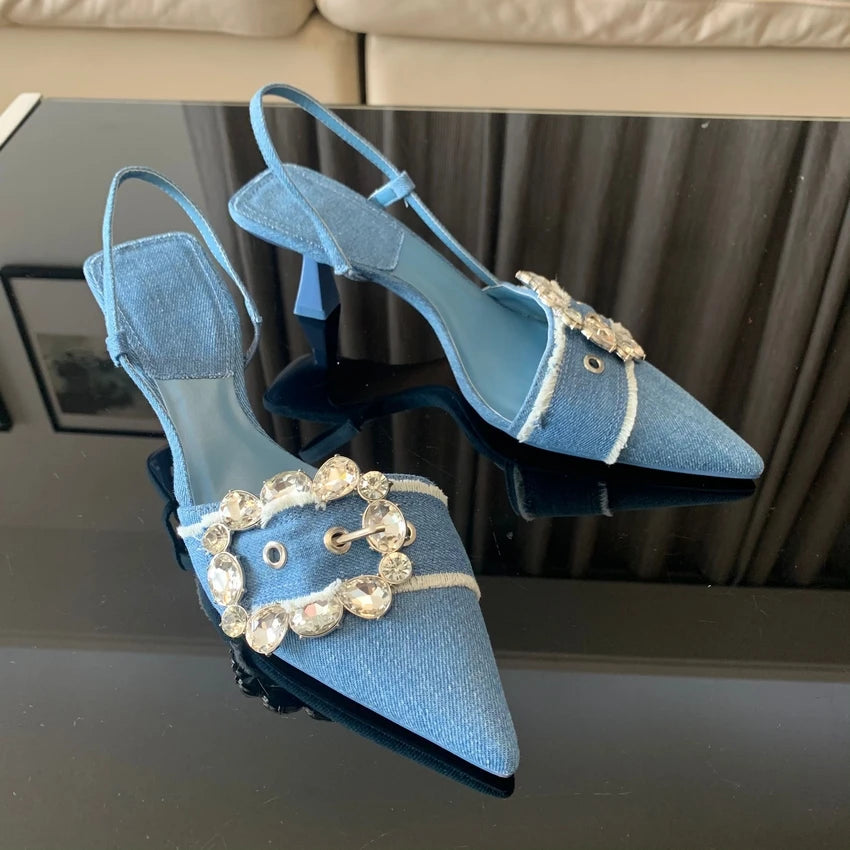 Aiertu  -  Fashion Denim Blue Rhinestone Women Pumps Wedding Bride Shoes Elegant High Heels Slingback Pointed Toe Sandals Ladies Shoes Aiertu