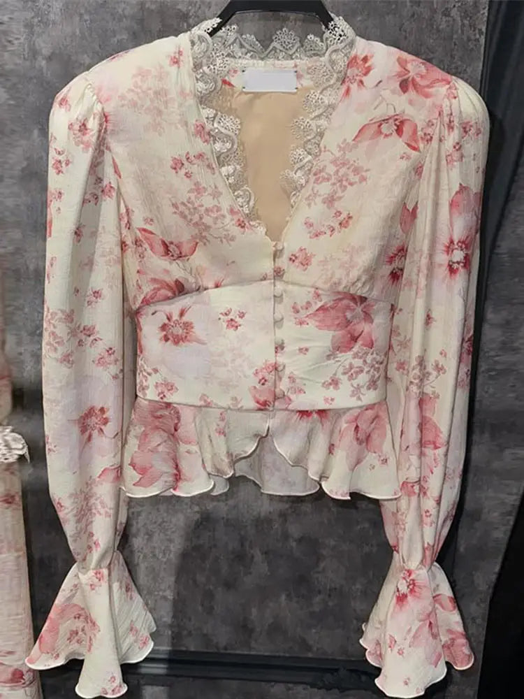 Aiertu  -  Lace Print Shirt Top Half Skirt Two Piece Set Flared Sleeve V-Neck Ruffled Waist Cinched Women Blouse High Waist Long Skirts New Aiertu