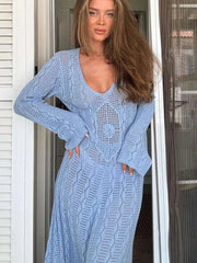 Aiertu  -  Casual Knitted Transparent Long Dresses Women Hollow Out Blue V-neck Full Sleeves Female Dress 2026 Autumn New Holiday Lady Robe Aiertu