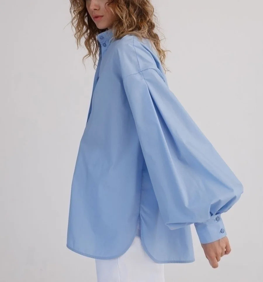 Aiertu  -  Loose O-neck Women Stylish Shirts Spring Summer Lantern Sleeve Single-breasted Female 100% Cotton Blouse Ladies Tops Aiertu