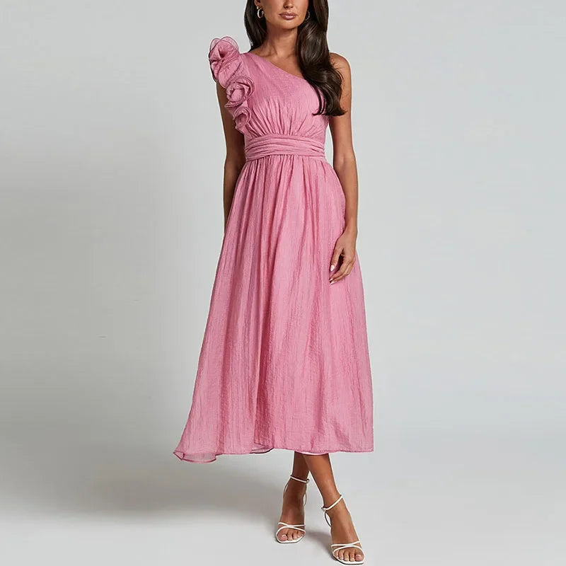 Aiertu  -  Elegant Party Dress Women Skew-collar Pleated A-line Midi Evening Dresses Female 2025 Spring Summer Casual Vacation Lady Robe Aiertu