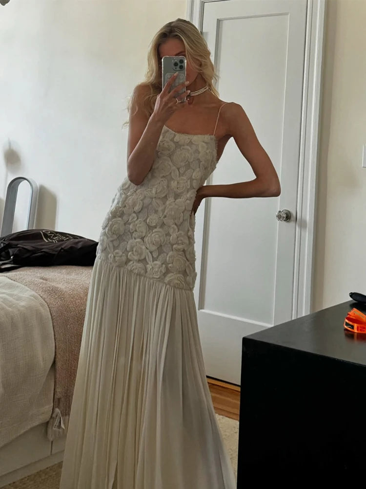 Aiertu  -  Female 3D Floral Maxi Dress for Women Pleated Backless Strapless Chiffon Slim Dresses Lady Party Club Grown Robes 2025 New Aiertu