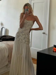 Aiertu  -  Female 3D Floral Maxi Dress for Women Pleated Backless Strapless Chiffon Slim Dresses Lady Party Club Grown Robes 2025 New Aiertu