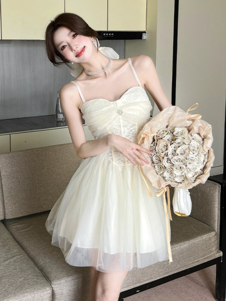 Aiertu  Women Summer Elegant Lace Mesh Strap Princess Dress Korean High Waist A-Line Mini Dresses Birthday Evening Party Chic Ball Gown Aiertu