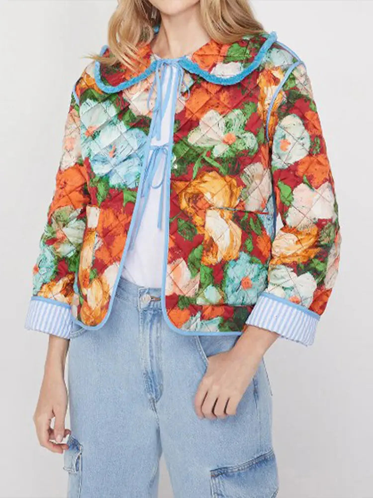 Aiertu  - Women Casual Double Sided Floral Print Quilted Jacket Chic Long Sleeve Lapel Lace Up Pockets Cotton Coat Winter Lady Outwear Aiertu