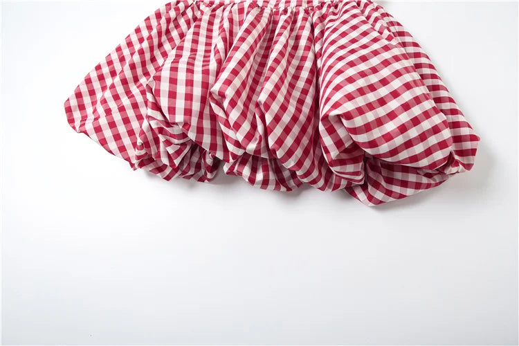 Aiertu  -  Print Red White Checkered Chest Wrap Pleated Fluffy Hem Sleeveless Backless Vacation Versatile Beach Party Trend Tops Aiertu
